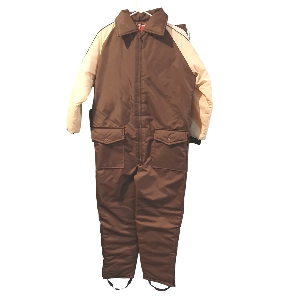 Vtg 70s 80s Sears Mens Insulated Snow Suit Brown Cream 1 Coveralls Retro L -Read